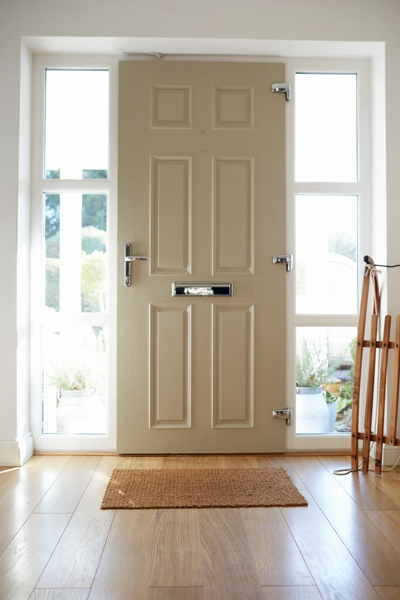 Elegant front door with sidelights on a New Jersey home